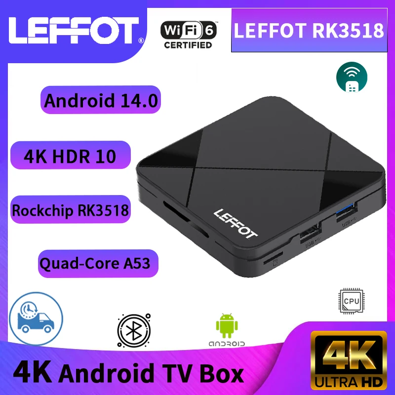 LEFFOT RK3518 Android 14.0 Smart TV BOX Rockchip RK3518 2GB 16GB 100M LAN USB3.0 4K WIFI6 Google Media Player Set Top Box