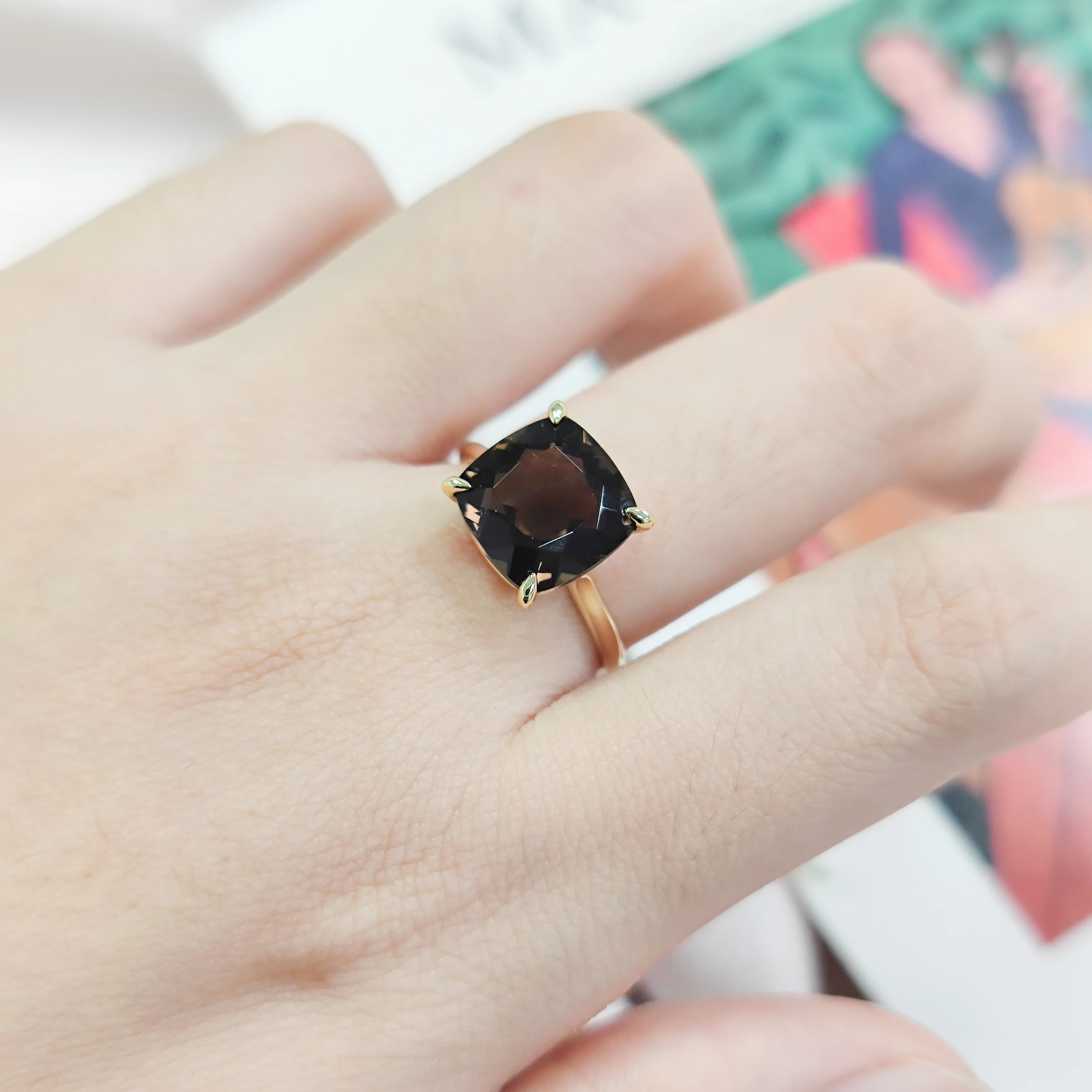 GEM'S BALLET Cushion 10x10MM 4.75Ct Smoky Quartz Birthstone Solitaire Engagement Rings in 18K Gold Plated Eagle Prongs Ring