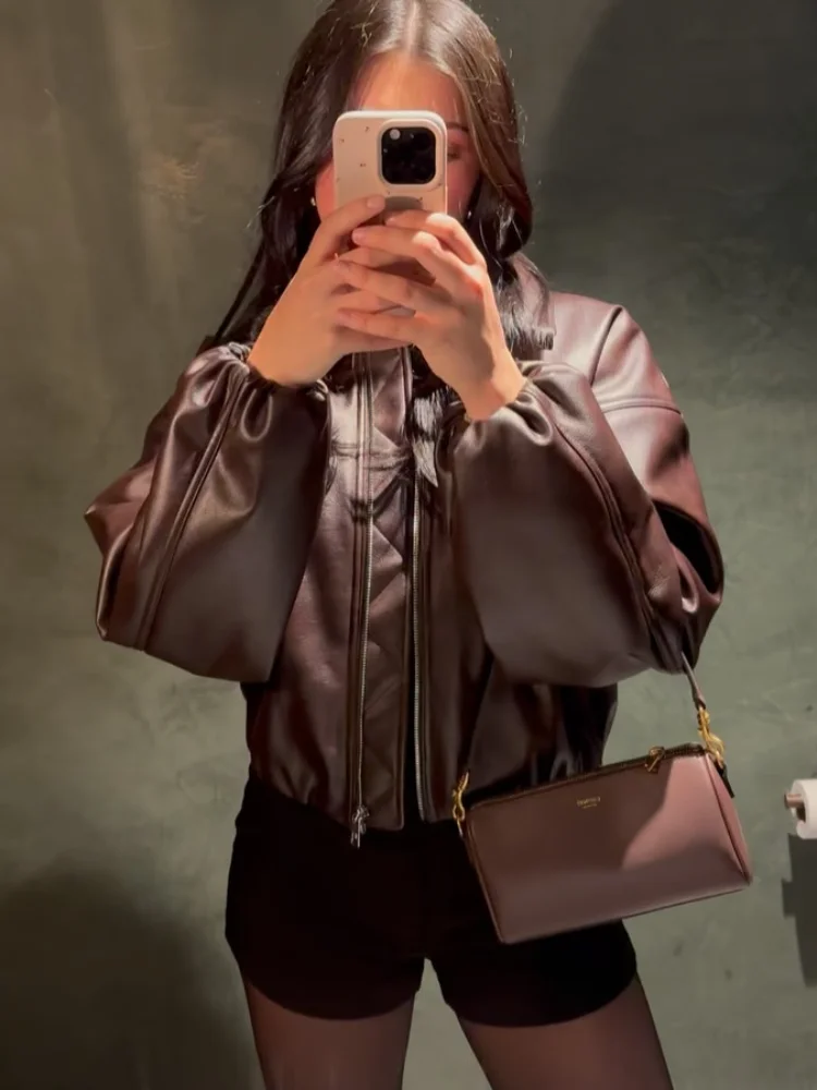 

Винтажная короткая кожаная куртка с лацканами, женская модная однотонная свободная верхняя одежда с длинными рукавами и карманами, женские новые повседневные уличные куртки