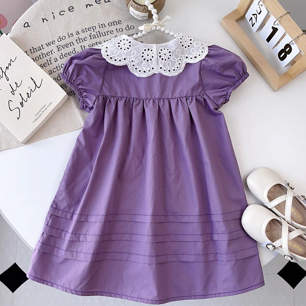 3-7 سنوات الفتيات الصيف عادية لطيف نفخة الأكمام بدوره إلى أسفل طوق واحدة الصدر فستان الأميرة 1 قطعة الاطفال موضة ملابس للحفلات