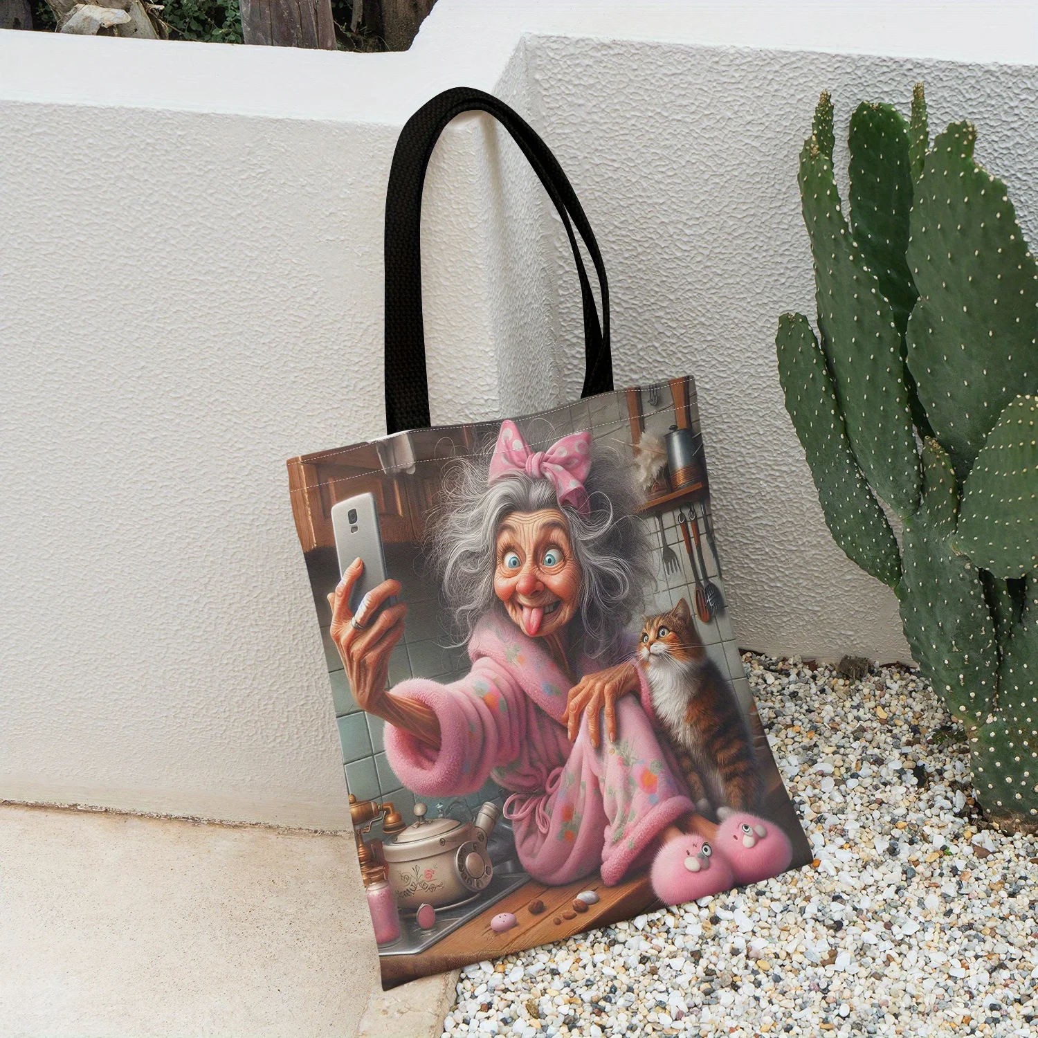 1pc Happy Grandma Bag, Enjoy the Elderly Life, Take a Selfie with a Cat, Spacious and Portable Shopping Bag