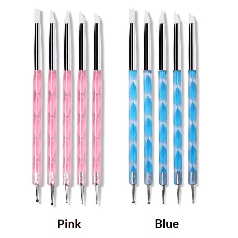 5Pcs 2 Way Marbleizing Painting Pen Acrylic Silicone Nail Art Dotting Tool for Flower Design Manicure Supply Set Storage