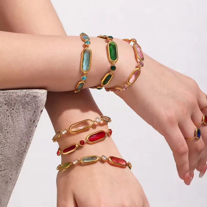 

YISON Shiny Colourful Strip Faceted Czech Crystal Glass Bracelet Stainless Steel 18k Gold Plated Luxury Bracelets For Women