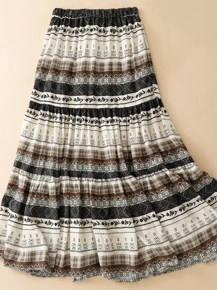 Vacation Travel Floral Cotton Linen A-Line Skirt Women Summer High Waist Belted Lightweight Draping Elegant Fullness A-Line U...
