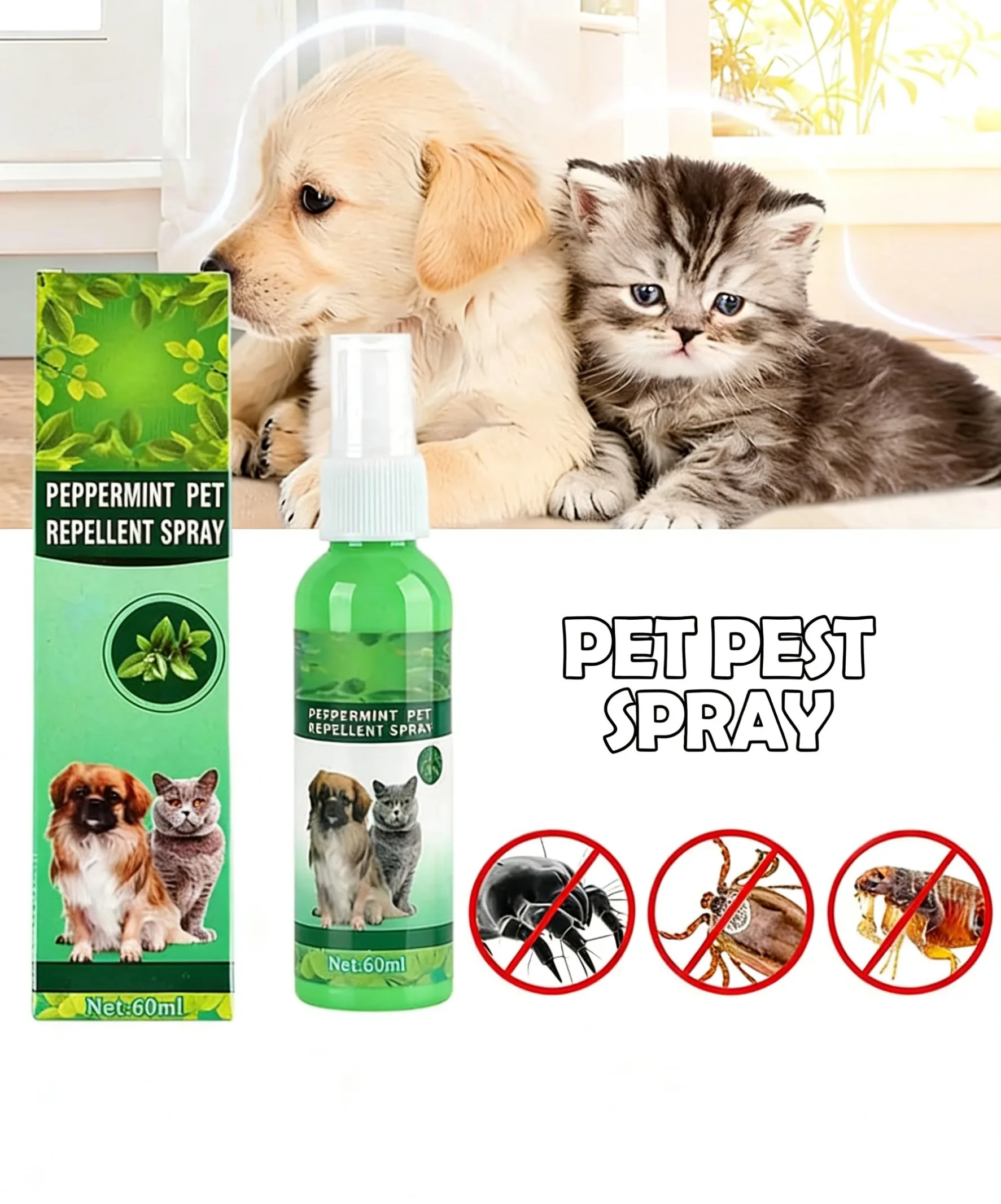 Nuevo Repelente de Pulgas de Alta Gama para Mascotas, Gotas de 60 ml, Anti Pulgas, Garrapatas, Piojos, Eliminación de Ácaros, Alivia la Picazón, Antiséptico, Cuidado de Heridas y Piel de Mascotas