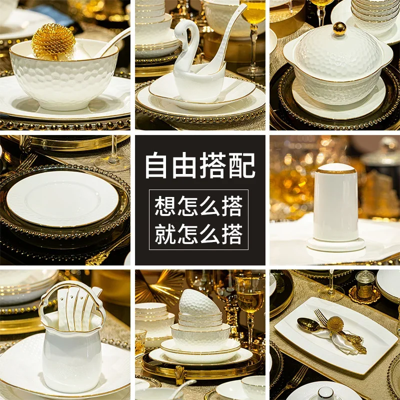 New Bowl and Dish Set Household Light Luxury High Leg Rice Bowl Noodle Bowl Fish Dish High-Grade Sense Jingdezhen