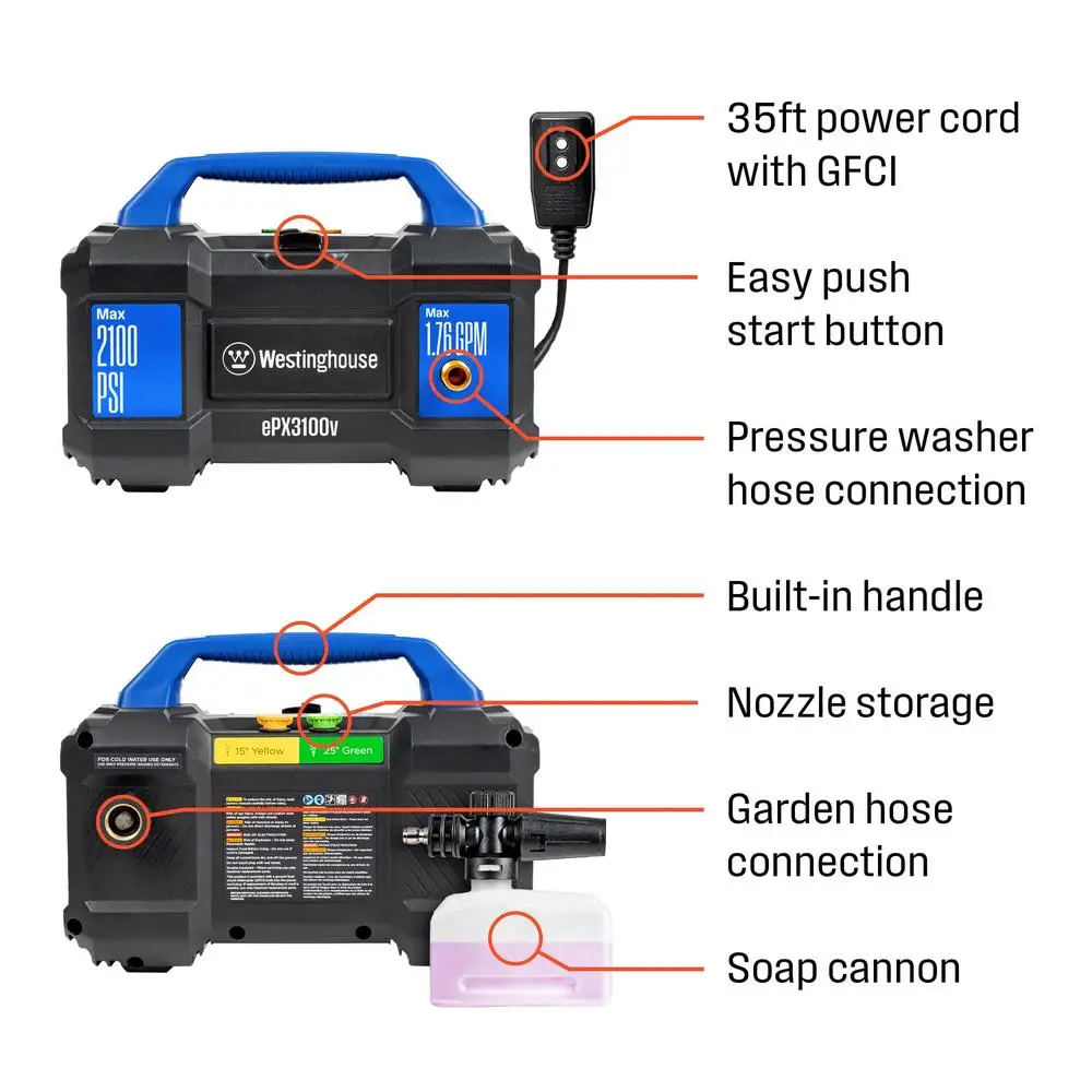 Electric Pressure Washer 2100 PSI 1.76 GPM Foam Cannon Steel Wand Carry Handle Portable Compact Cleaning Power