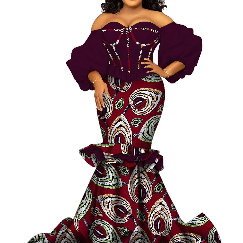 Африканские женские платья Riche Хлопок Африканский принт длиной до пола с пышными рукавами Вечернее платье Свадебное платье Африканская женская одежда на заказ