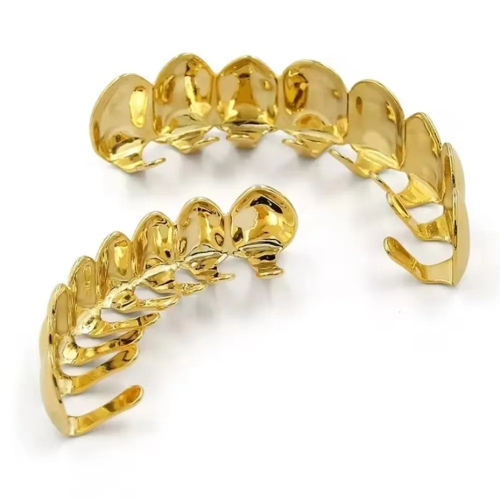 Glossy Finish Teeth Grillz Top Bottom Set Anti Slip Shiny Teeth Grillz Caps Eco-friendly Copper Gold Teeth Jewelry Halloween
