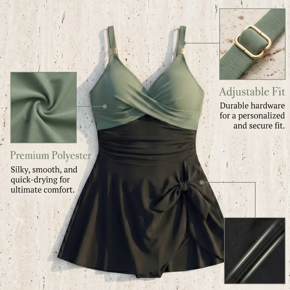 Slim Fit Women's Swimming Suit Pleated Sleeveless Skirt Swimsuit Beachwear Clothing V-Neck Bathing Suit Summer