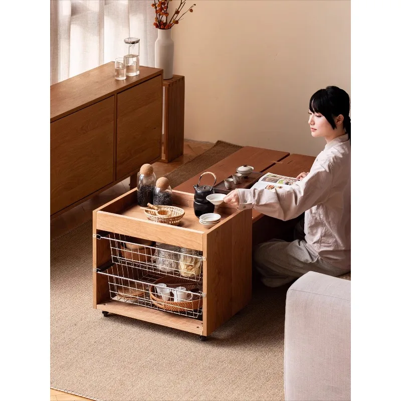 Solid wood stainless steel basket cabinet, dining room, living room, mobile edge, multi-layer storage cabinet