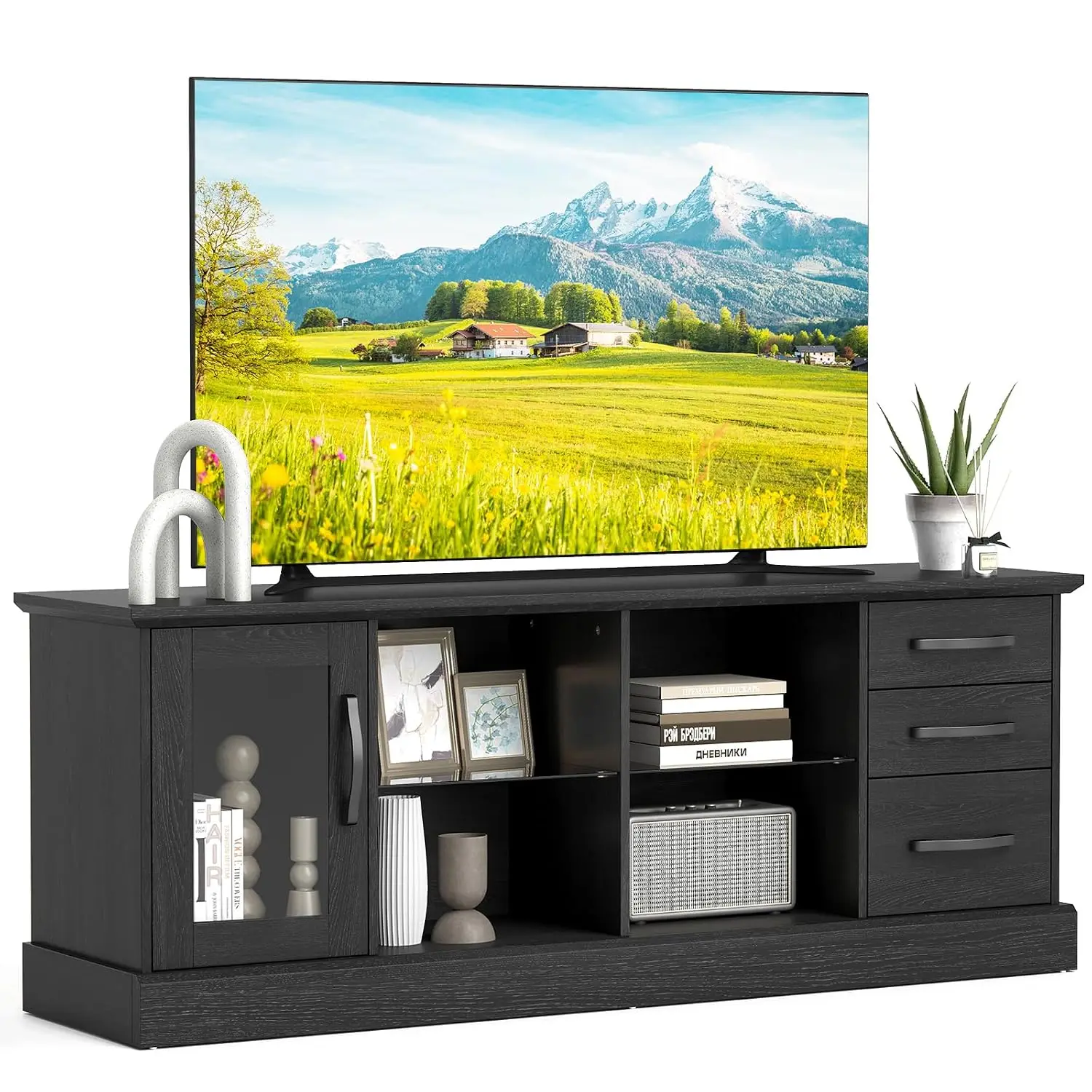 Farmhouse TV Stand Console 73 Inch Wood Glass Shelves Cable Management Drawers Storage Living Room Bedroom Black, Customized