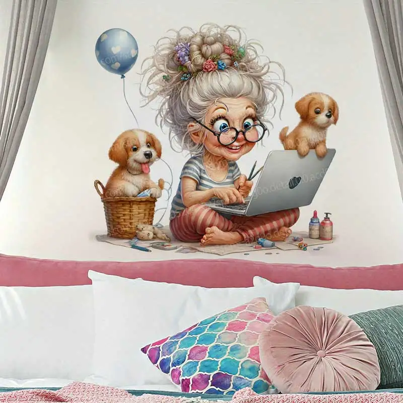 Cute Grandma Pet Wall Stickers Funny Senior Lady with Laptop Decorative Mural for Bedroom Living Room AA211