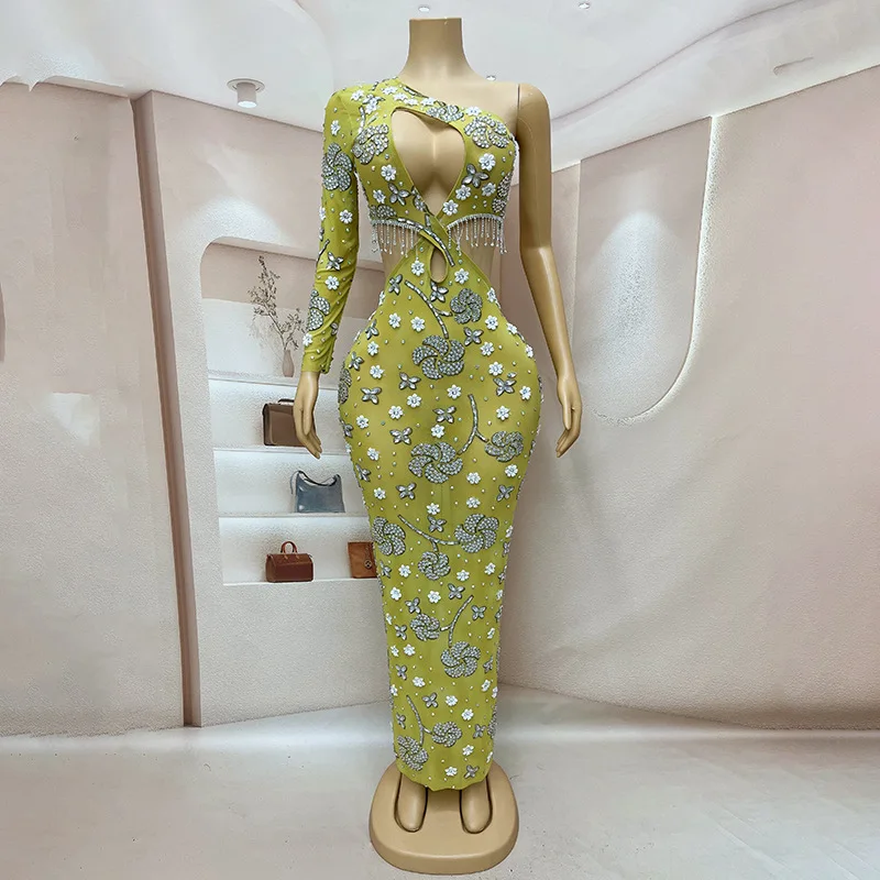 Summer Shoulder Long Sleeves Sexy Temperament Evening Dress Waist Design Sense Singer Performance Clothes Star Red Carpet 스팽글드레스