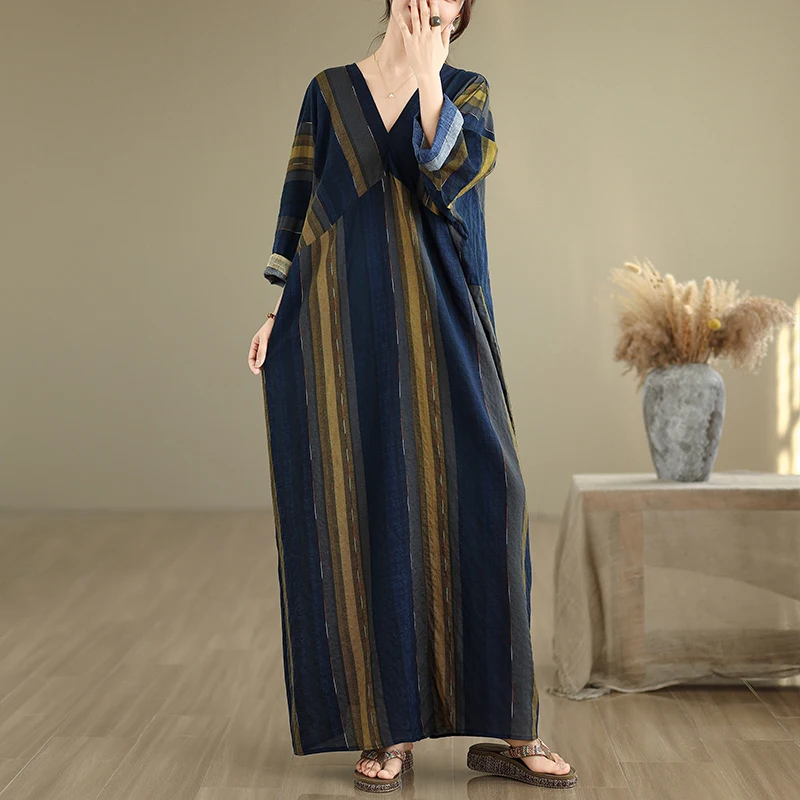 

Slimming Large Size Original High End Long Sve V-Ne Thin Cotton Linen Stripe Print Loose Fitting Casual Long Dr