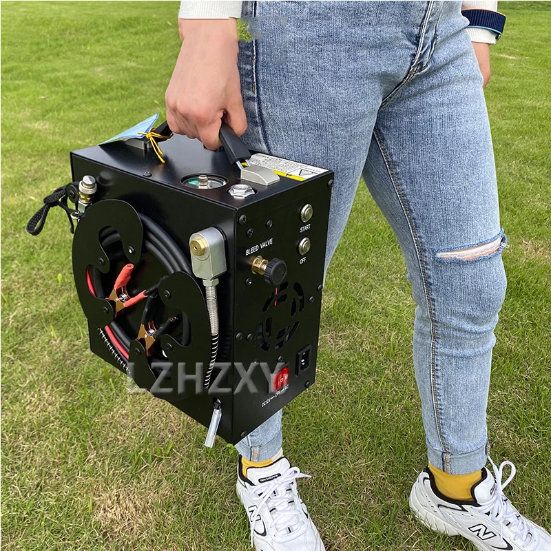 Compresor de aire PCP de 4500 Psi y 30 MPA con carrete de cable, adaptador de corriente de 12 V integrado y ventilador con apagado automático para tanque de buceo PCP