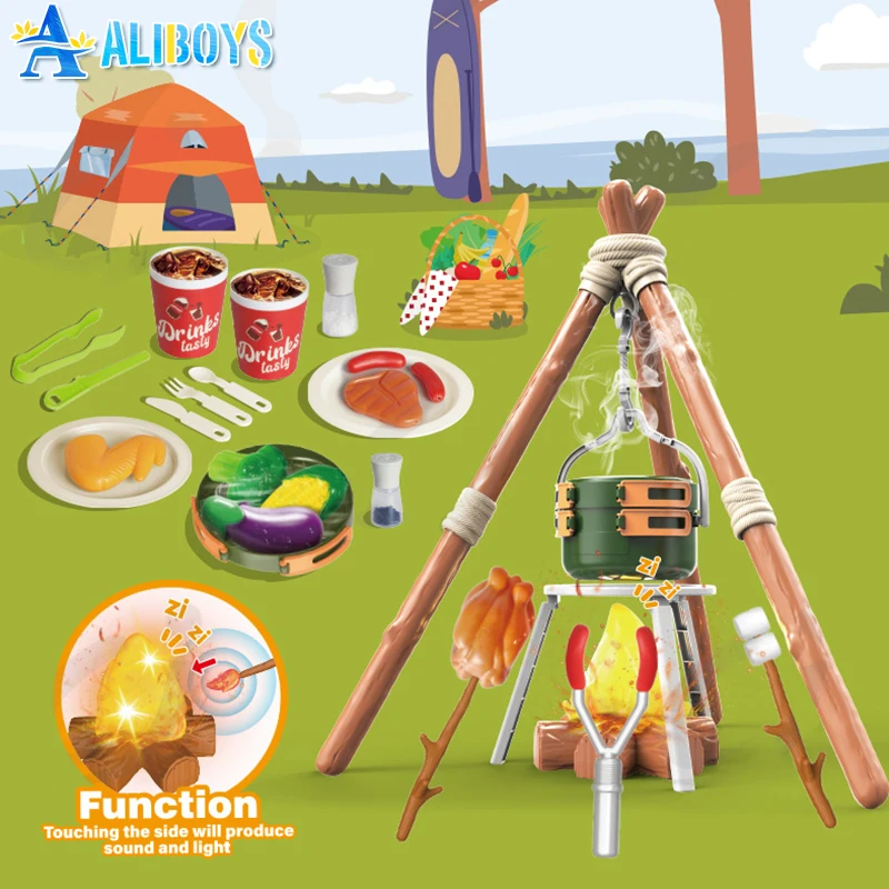 Simulado fogueira conjunto de acampamento fingir jogar cozinha brinquedo luz música aventura ao ar livre piquenique jogo interativo presente natal do miúdo