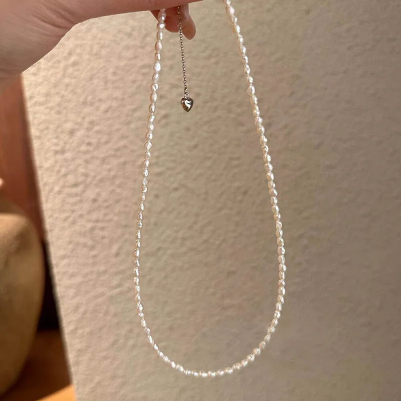 

S925 Sterling Silver 2-3Mm Natural Freshwater Pearl Necklace Female Irregular Bead Clavicle Chain