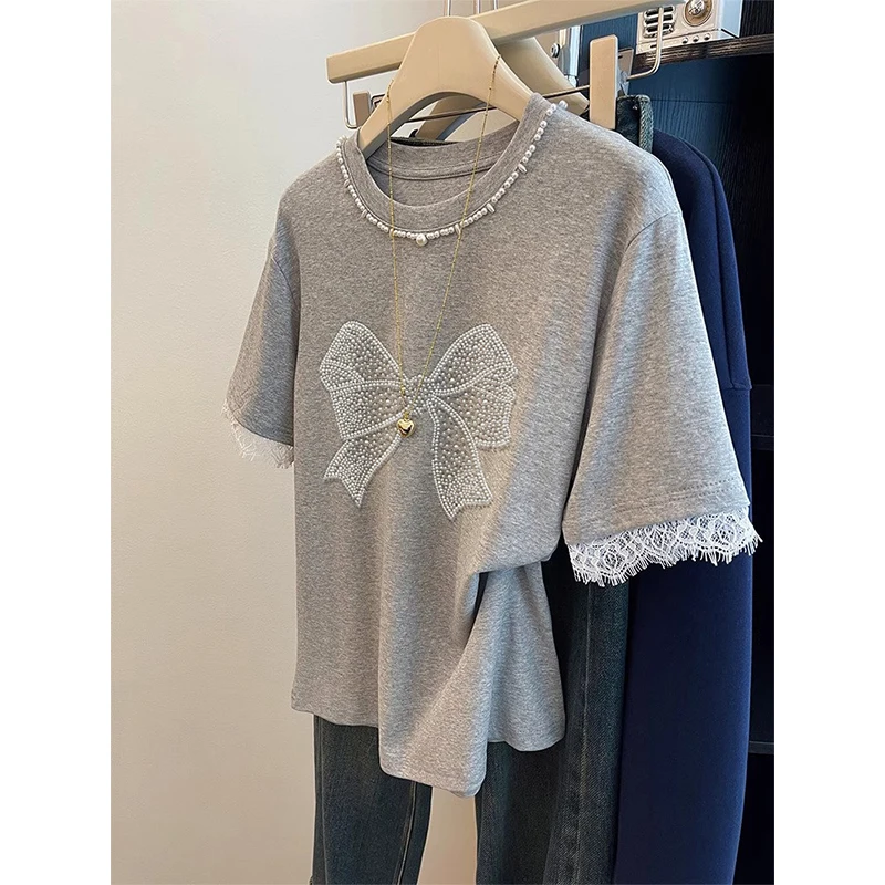 Beading Hot Fix Rhinestone Women' Short Sleeve T-shirt 2026 Summer 100% Cotton O-neck Tops Casual Loose Bow Slim-looking Tees