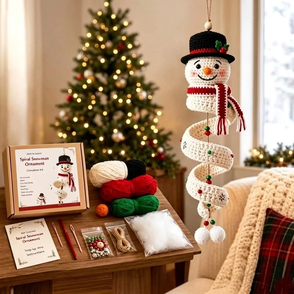 Crochet Snowman Spiral Ornament Needle Thread Material Pack DIY Santa Claus Christmas Party Holiday DIY Decor Xmas Gift