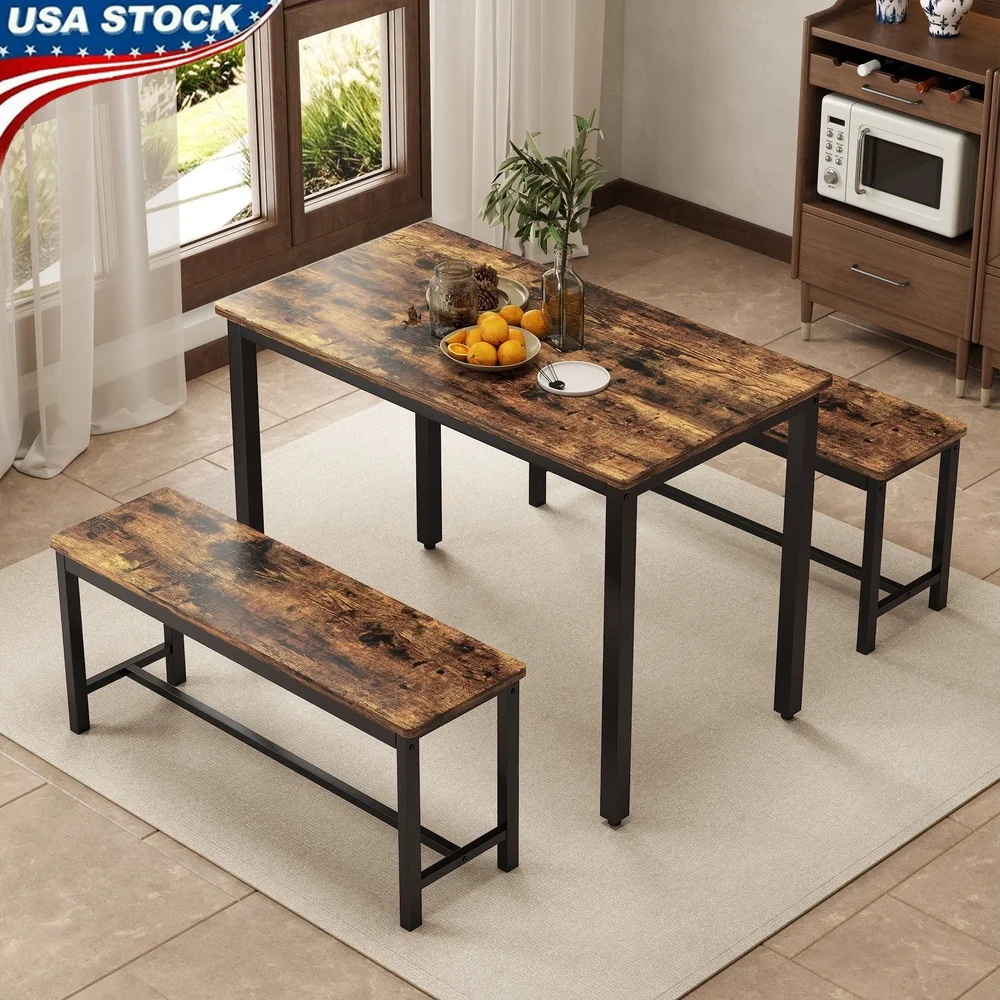 

Space Saving Dining Table Set 4 with 2 Benches Modern Kitchen Furniture Compact Sturdy Wood Metal Construction Ideal Small