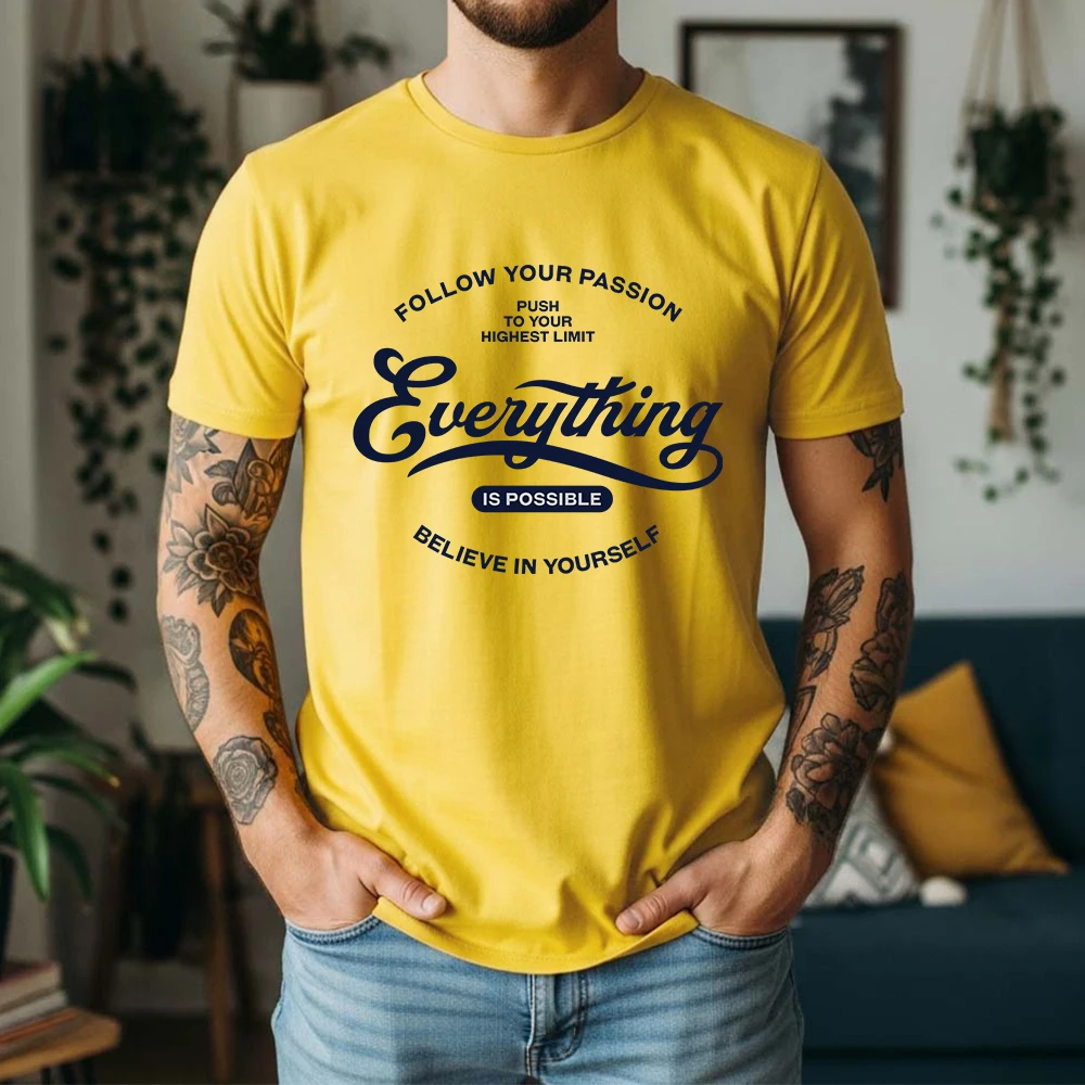 New Summer Mens 100% Cotton T Shirt Everything Is Possible Letter Print Casual Breathable Vintage Short Sleeve For Daily Wear