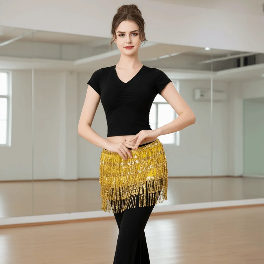 Fringe Hipwrap 4-Row Belly Dance Belt Metallic Shiny Sequin Hipscarf Boho Style Adjustable Dance Wrap-skirt Performer