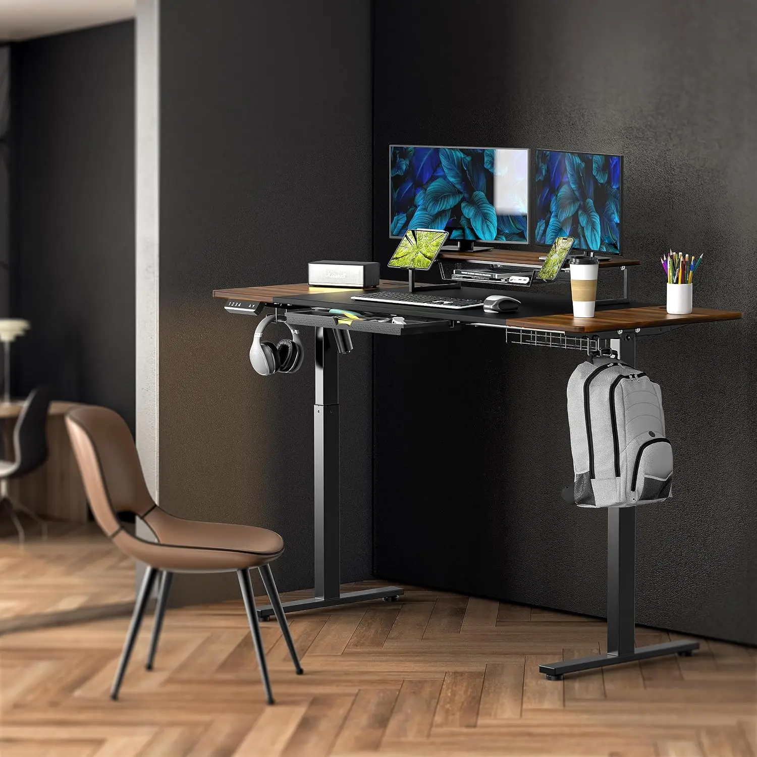 62-Inch Electric Height Adjustable Standing Desk, Walnut | with Monitor Riser, Drawer