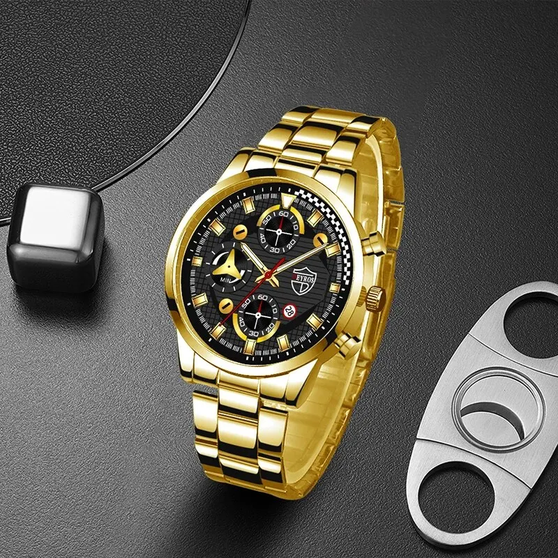 DEYROS 3pcs Set Luxury Mens Stainless Steel Watches Fashion Business Quartz Wristwatch Casual Sports Watch Bracelet Necklace