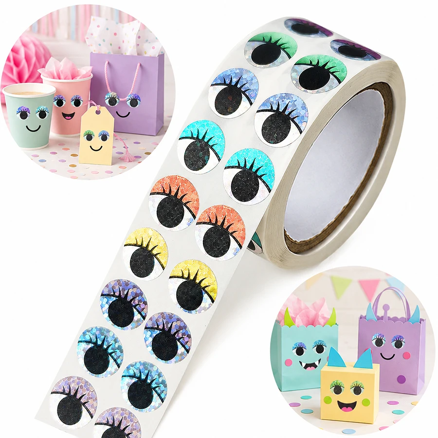 1000 Pcs Holographic Eyelash Eye Stickers Roll, 20 Colors Decorative Eye Labels for Scrapbooking, Journals, Planners