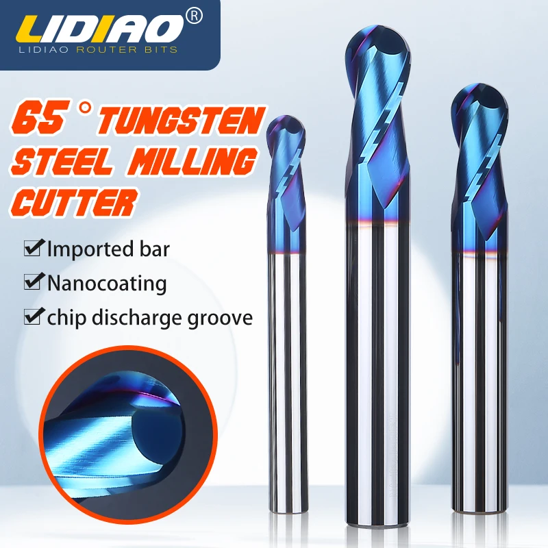 LIDIAO Ball Nose End Mill 6mm 8mm Spherical CNC Milling Cutter Tool HRC65 Top Metal Top Cut Spiral End Mill 2 Flute Router Bit