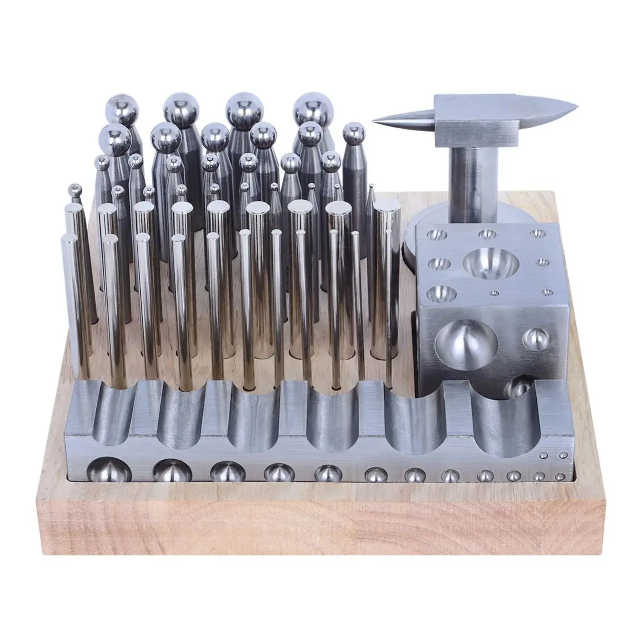 

50pcs High Quality Steel Dapping Punch Doming Block Punches Kit for Jewelry Metal Round Beads Forming Making with Wooden Base