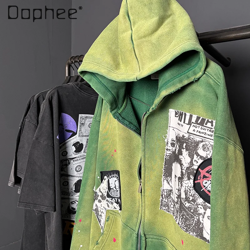 American Hot Girl Rock Print Mid-length Hoodies Women Punk Style Subculture Splicing Hoodie High End Street Trend Zip Up Hoodie