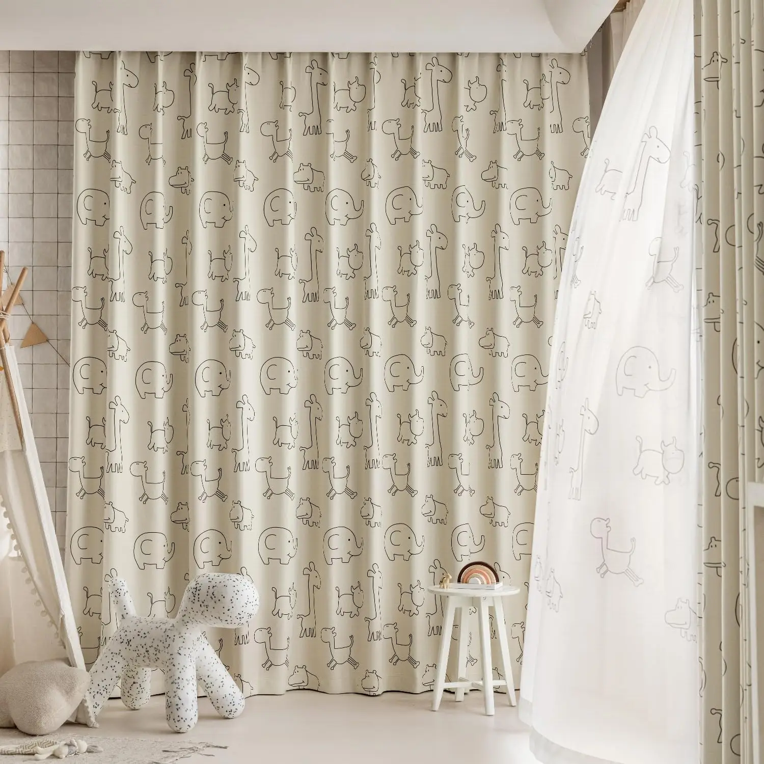 Cartoon Animals Pattern Semi-Blackout Curtains for Kids Bedroom, Beige Window Treatment Drapes for Boy Girl Window Nursery Room