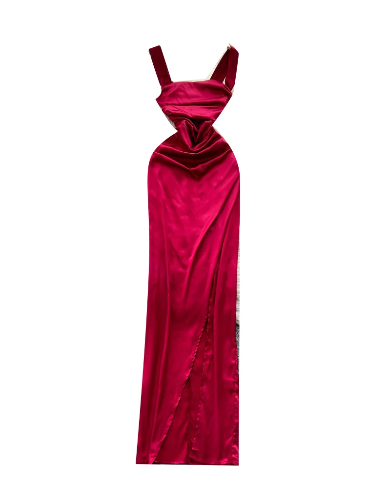 فستان نسائي طويل عصري من الساتان بدون حمالات وخصر مشدود وتنورة مقسمة متوسطة الطول صيفية على الطراز الكوري فستان على شكل حرف a #2