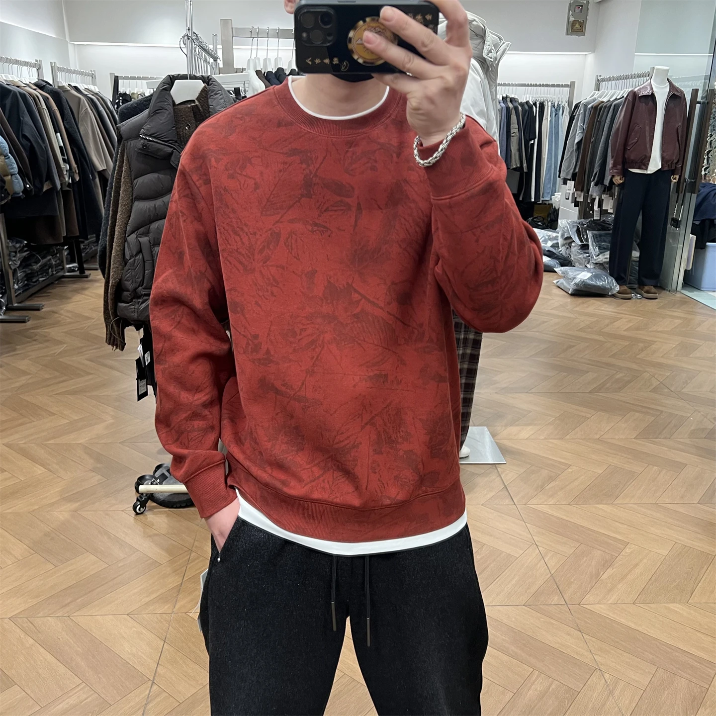 

Retro Le Print Loose Fit round Ne Sweatirt Men's Trendy American Sle Commute Top Fake Two-Piece Spring 2026