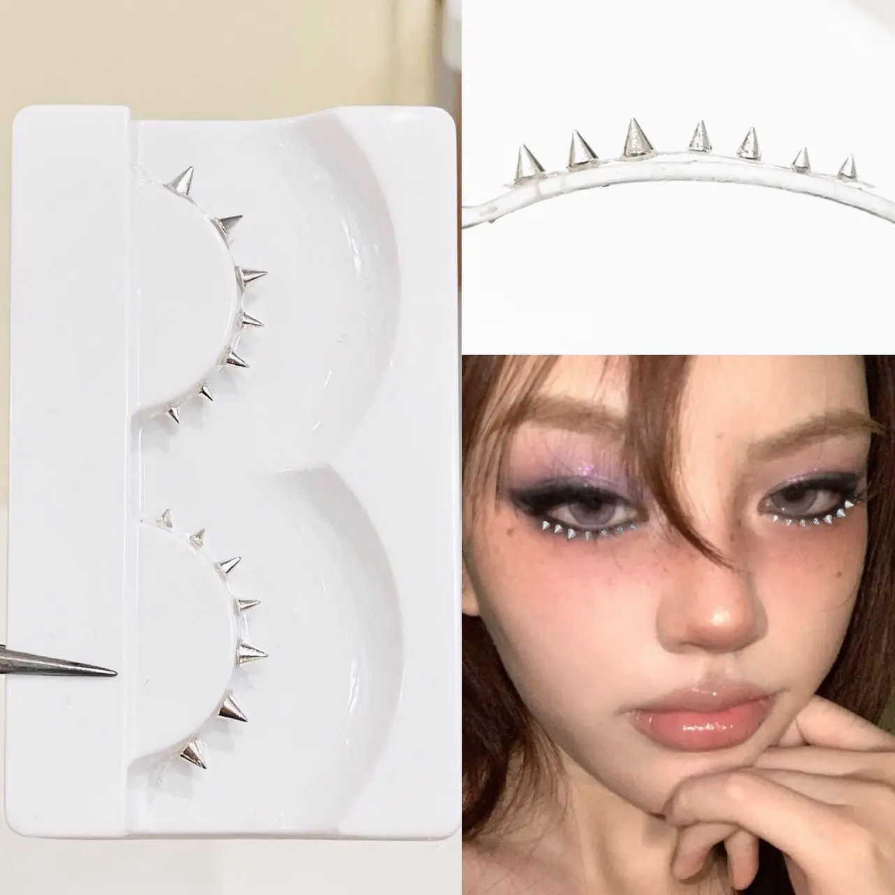 Doudoutian Silver Rivet Full Strip Lower Lashes White Gold Tone Clear Thin Band Punk Y2K Style Shiny Spikes Party Eye Makeup