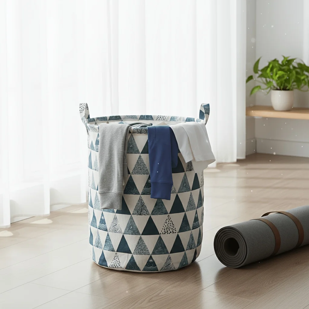 

Round Laundry Basket With Blue Triangle Pattern & Sturdy Handle, Durable Clothes Storage Bin for Laundry Room