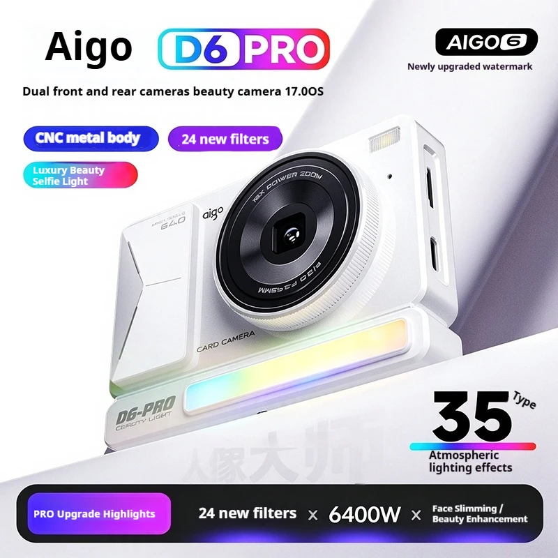 aigo D6Pro Compact Digital Camera, CCD‑Style Retro Camera 64MP Dual‑Lens Selfie Camera for Students Travel Vlogging.