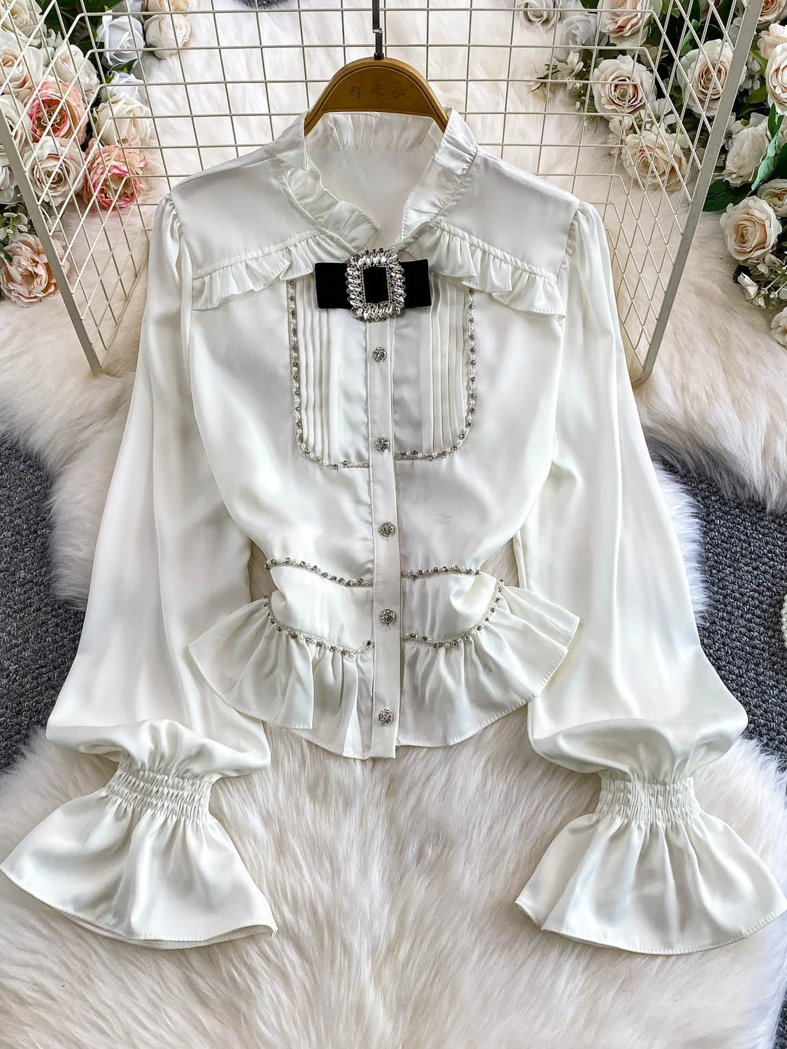 

Sweet Style Stand Collar Long Sleeve Button up Diamond Embellished Women's Shirt Slimming Waist Design Floral Detail