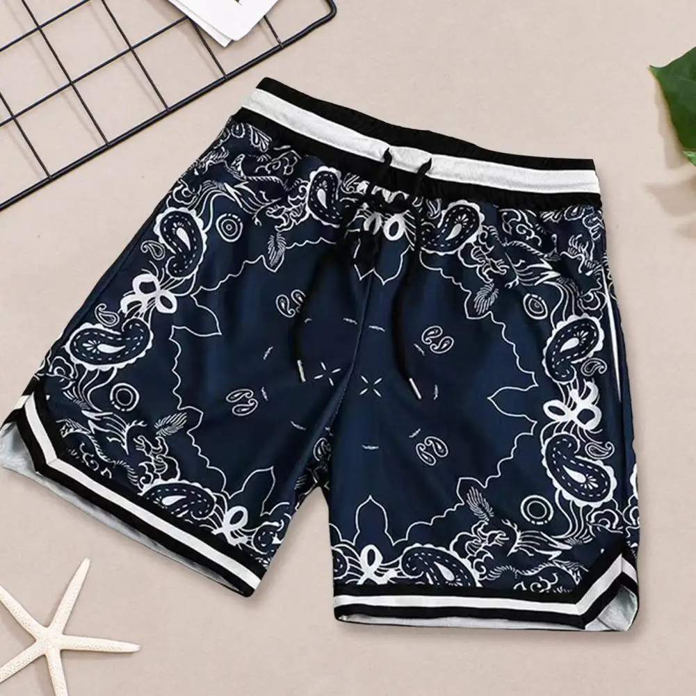 Color Matching Sports Shorts Men\'s Quick-drying Flower Pattern Basketball Shorts with Adjustable Drawstring Waist for Wide