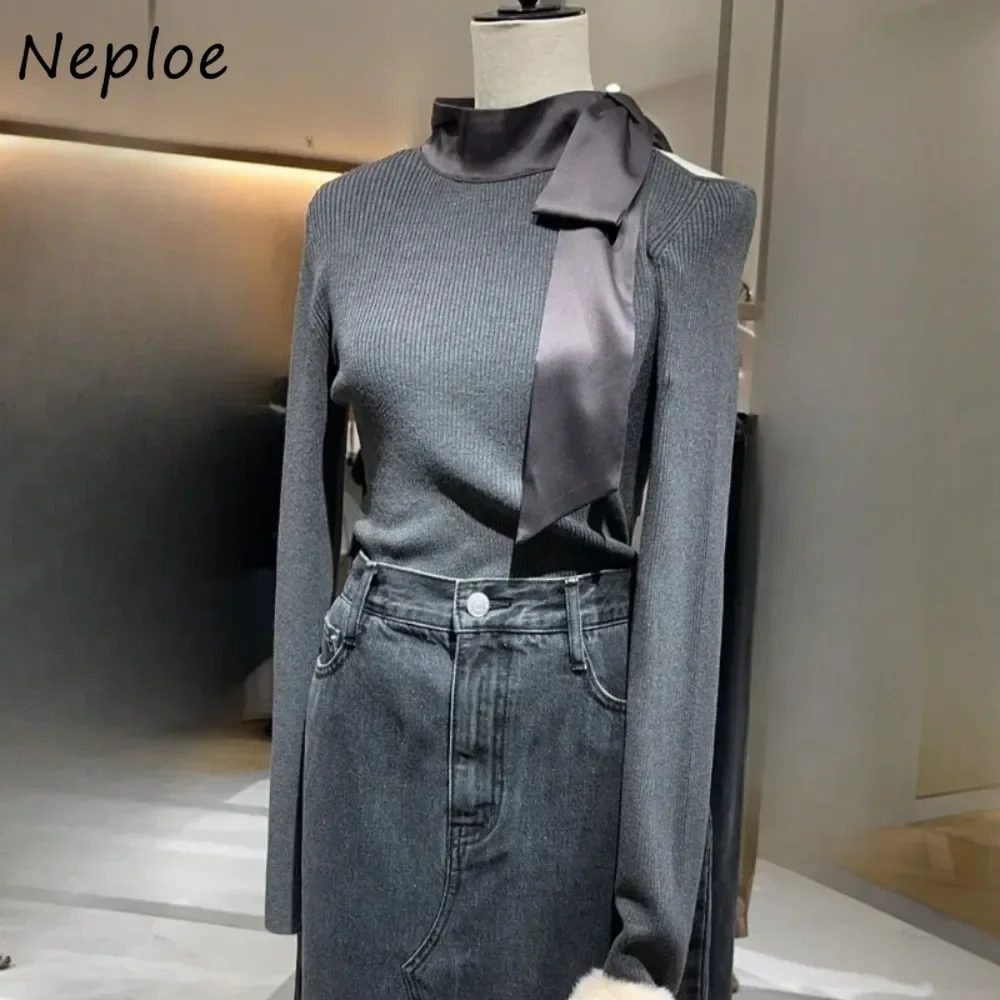 Neploe All-match Knit Casual Corduroy Off Shoulder Jumper Lace Up Imperial Sister Wind Elegant Tops Japan Sexy Vintage Knitted