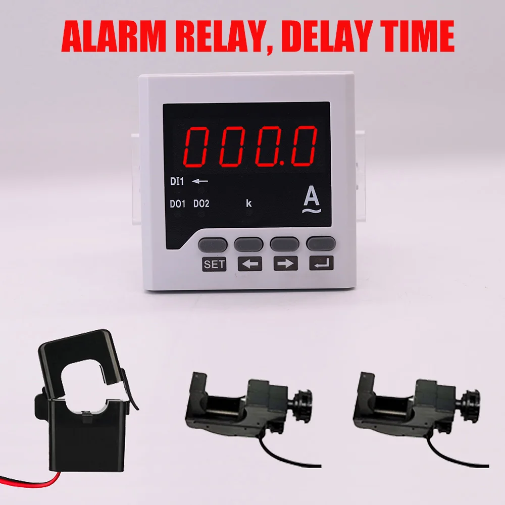 Programmable AC ampere meter with delay time alarm relay NO high alarm / NC low alarm ammeter with CT and 2 pcs voltage clamp