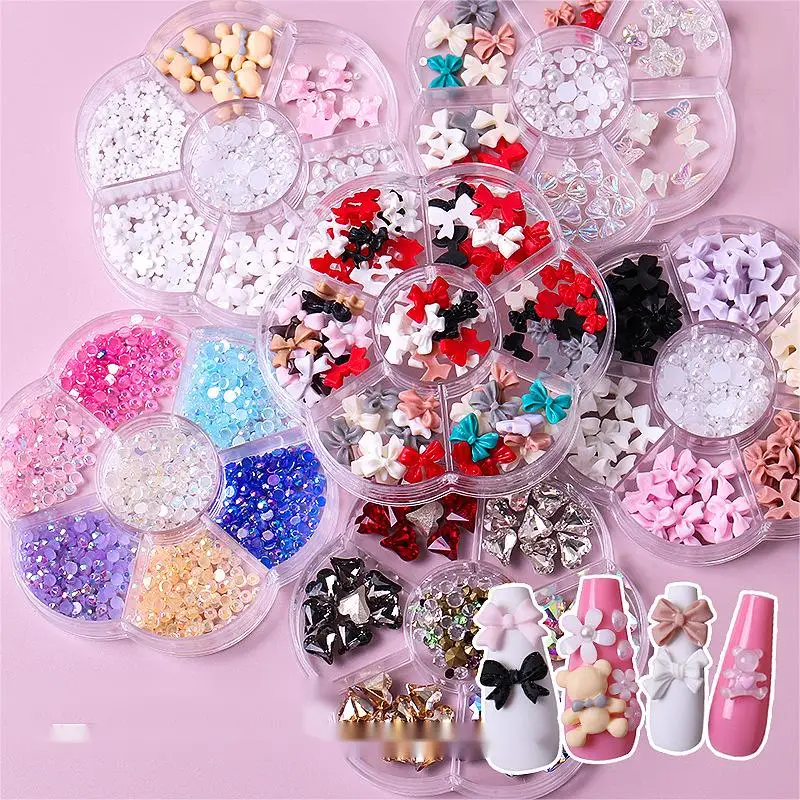 Christmas Style Velvet Red White Resin Bow New Year Nail Accessories Mixed Set Box