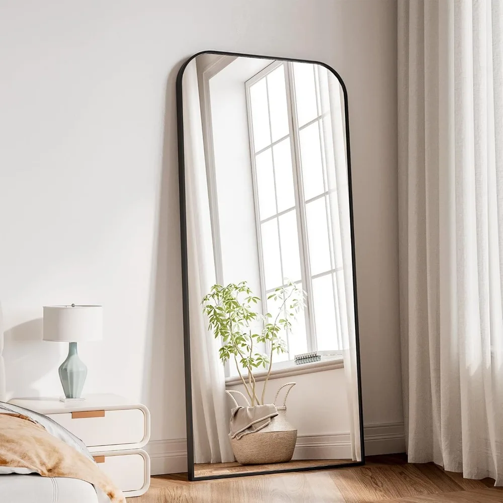 Miroir pleine longueur Koonmi, miroir pleine longueur 65x24 avec support, miroir de sol à bords carrés supérieurs bombés noirs avec alliage d'aluminium Fr