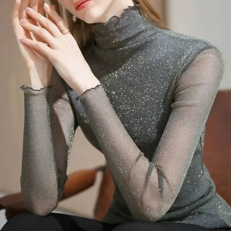 بلايز امرأة بريق الترتر ربيع الخريف سليم كم طويل تي شيرت للنساء حجر الراين الكورية الملابس الشعبية Pulovers نمط Kpop