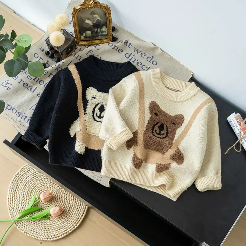 

Новинка весны 2024, милая детская одежда для маленьких девочек, детский вязаный Топ с мультяшным медведем, универсальная одежда для мальчиков, свитер