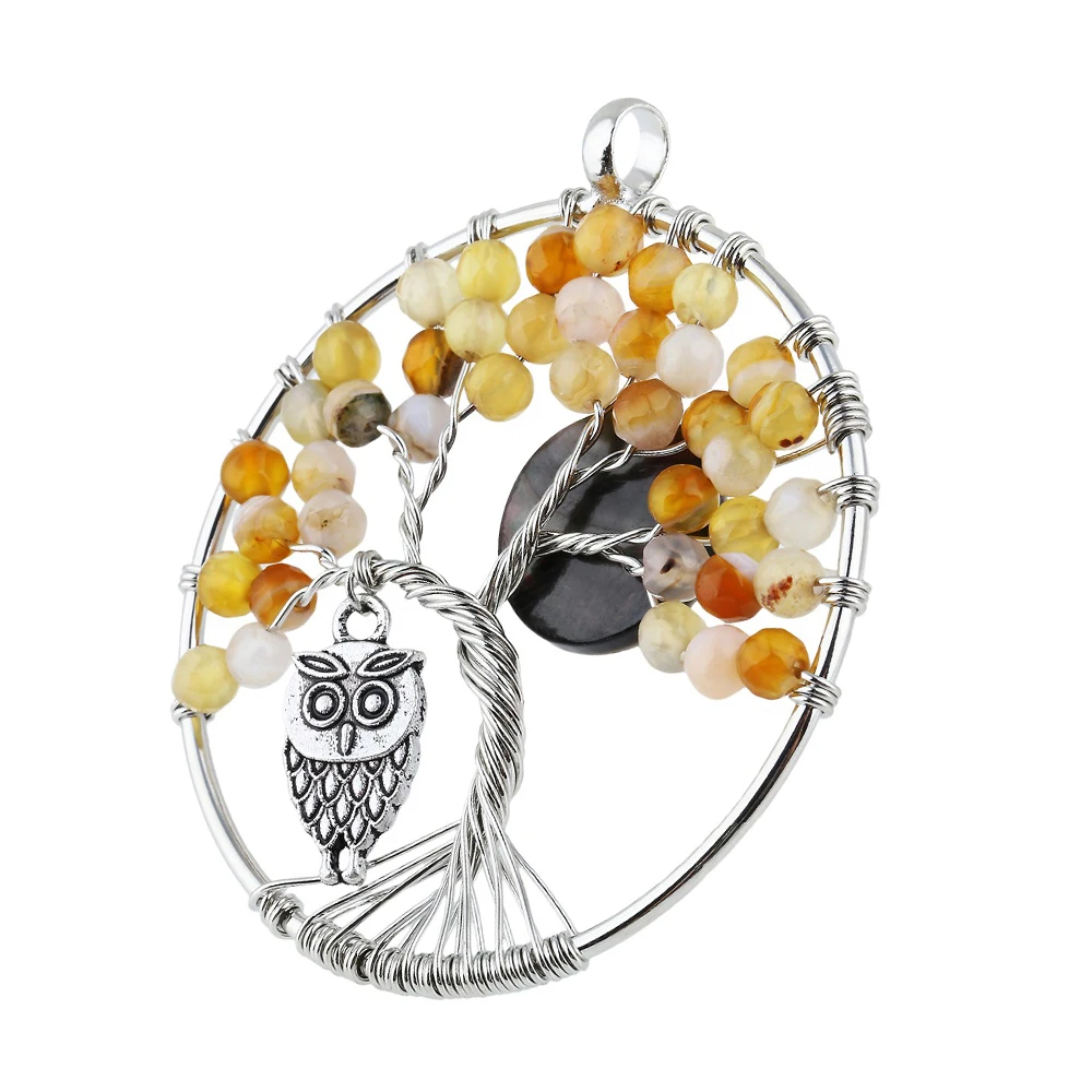 SUNYIK 18KGP Life Tree Pendant Yellow Agate Stone Round Beads As leaf Owl Hung Under Abalone Shell Full Moon Poetry Jewelry