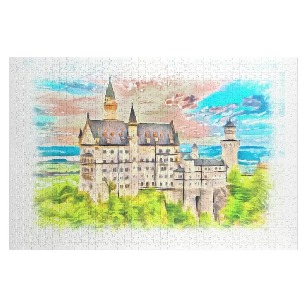 

Castle Neuschwanstein (Painting) Jigsaw Puzzle Wood Photo Personalized Customs With Photo Customized Photo Puzzle