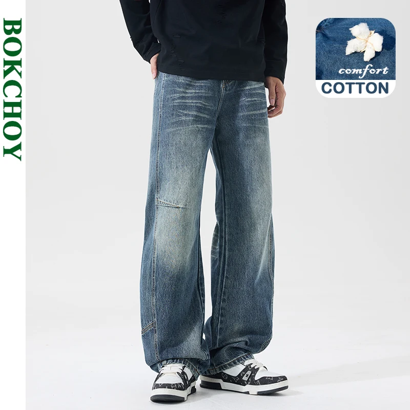 

2025 Autumn New Vintage Washed Cotton Straight Jeans for Men Clothing Loose Comfort Men Trousers AG7310